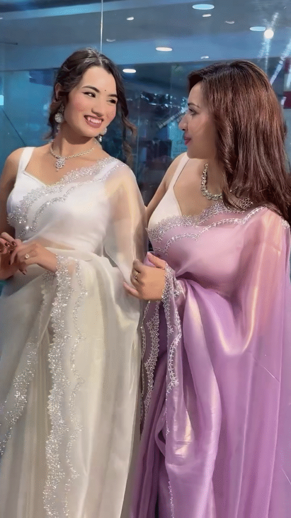 Pink AND WHITE Saree Organza Embellished Rhinestone V Neck With Blouse