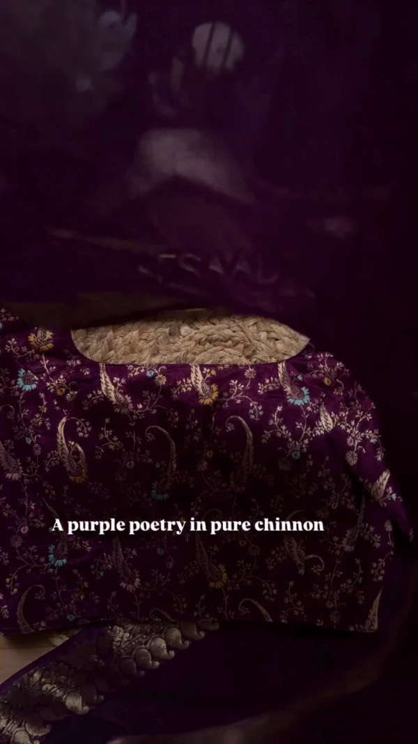 A pure chinnon purple jacquard and embroidery saree is a stunning choice for traditional and festive occasions - Image 4